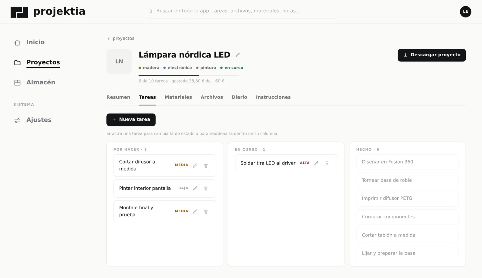 Tablero de tareas de un proyecto: por hacer, en curso y hecho.